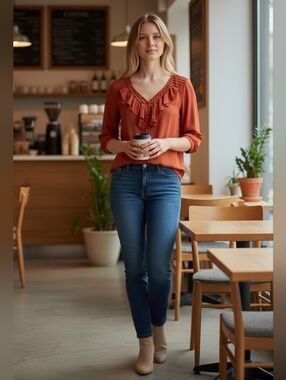 Maeve by Anthropologie Blouse Burnt Orange Ruffle Front 3/4 Sleeve Size 4